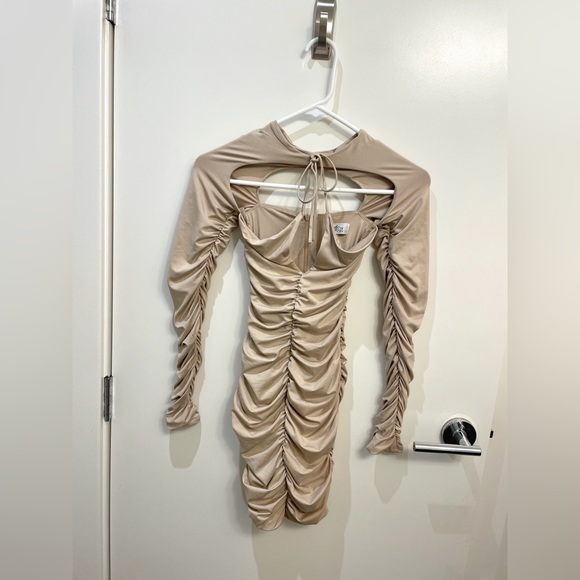 Oh Polly Long Sleeve Ruched Cut Out Mini Dress In Beige - Picture 3 of 3